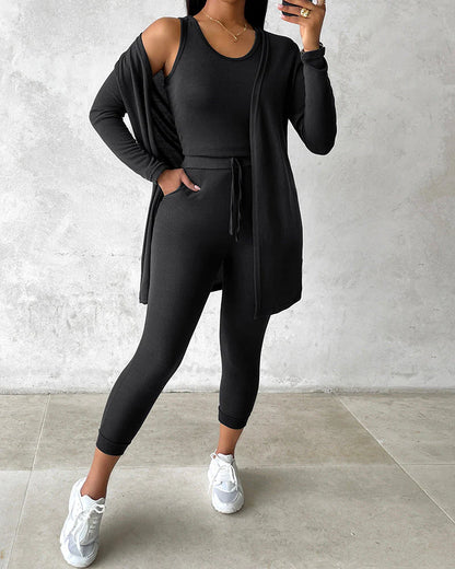 Women’S 3 Piece Lounge Set – Sleeveless Top, Open Front Cardigan & Relaxed Fit Pants
