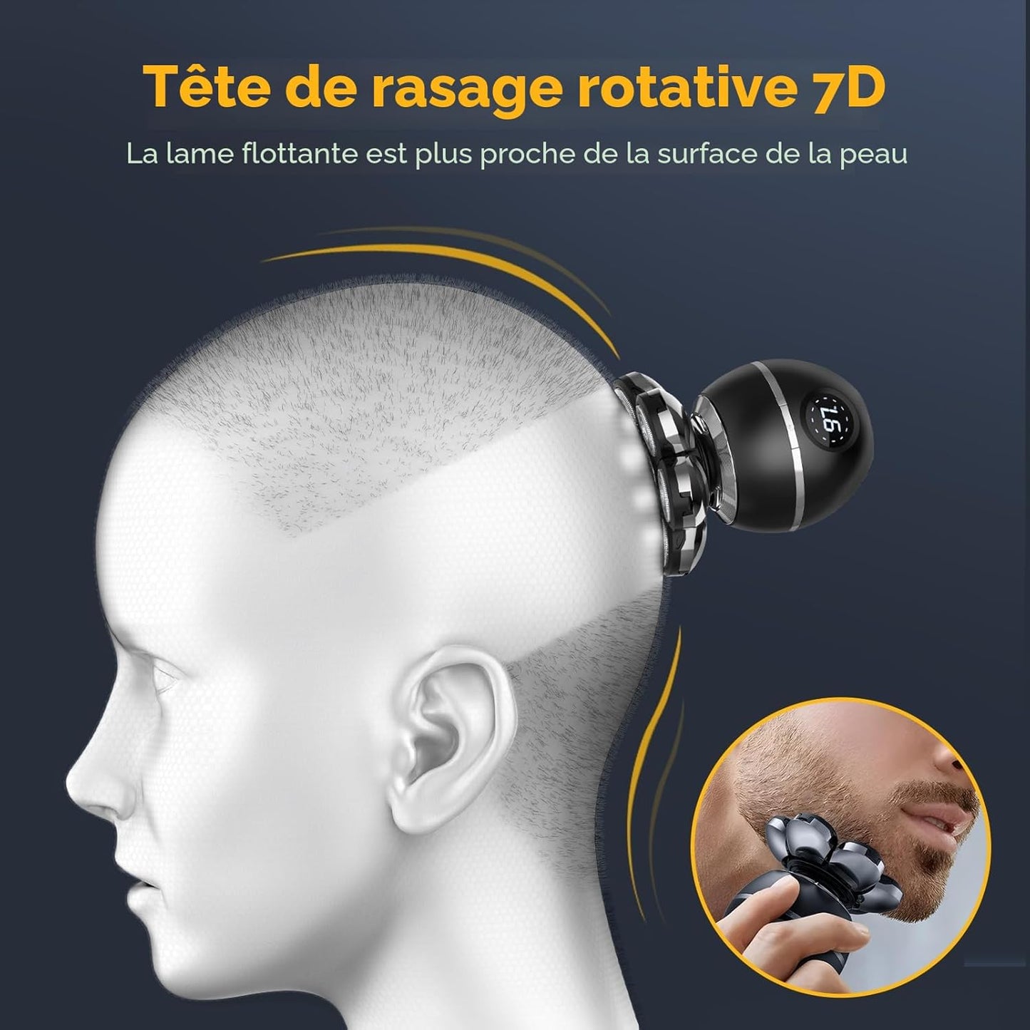Rasoir Tete Chauve Homme, 7D Rasoir Électrique Homme- 6 En 1 Tondeuse Crane Chauve- Humide/Sec Étanche IPX7 Pour Hommes Chauves Avec Écran LED.