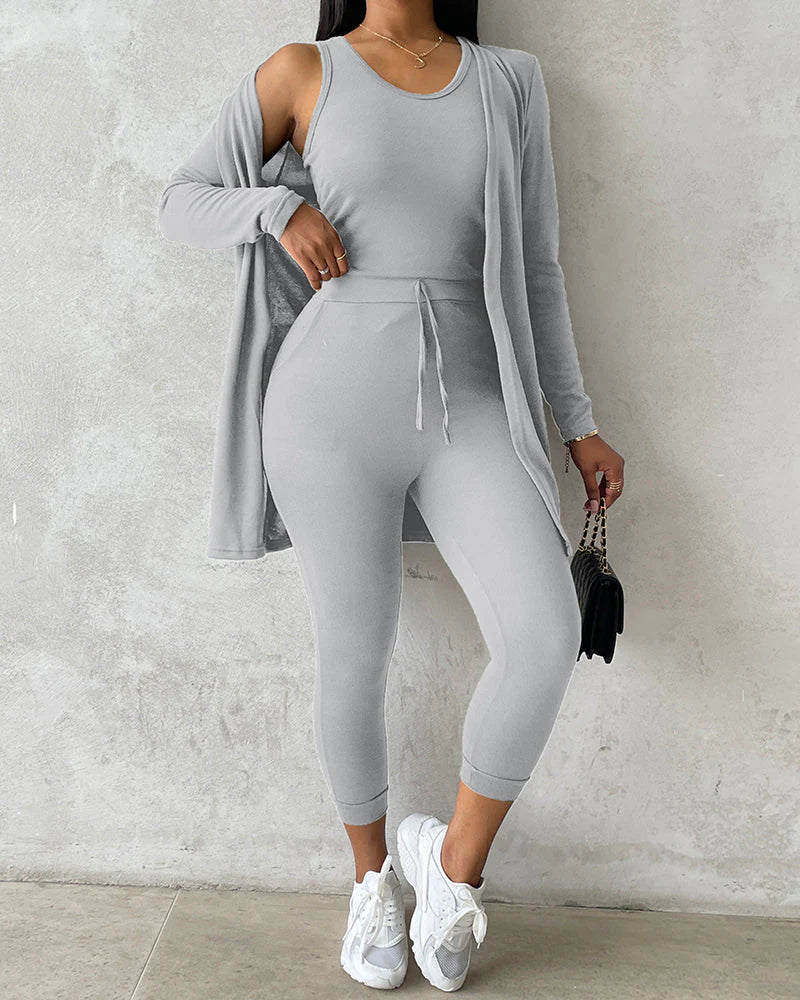 Women’S 3 Piece Lounge Set – Sleeveless Top, Open Front Cardigan & Relaxed Fit Pants