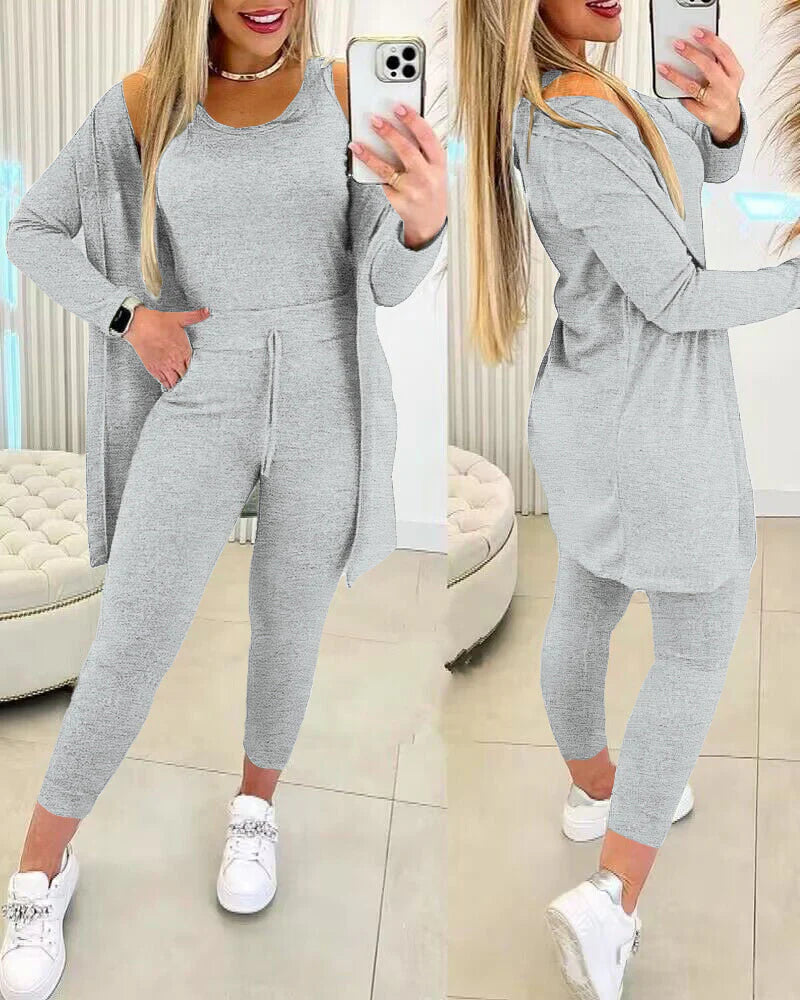 Women’S 3 Piece Lounge Set – Sleeveless Top, Open Front Cardigan & Relaxed Fit Pants