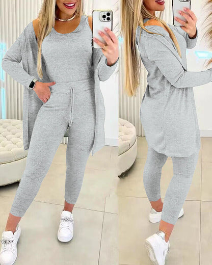 Women’S 3 Piece Lounge Set – Sleeveless Top, Open Front Cardigan & Relaxed Fit Pants