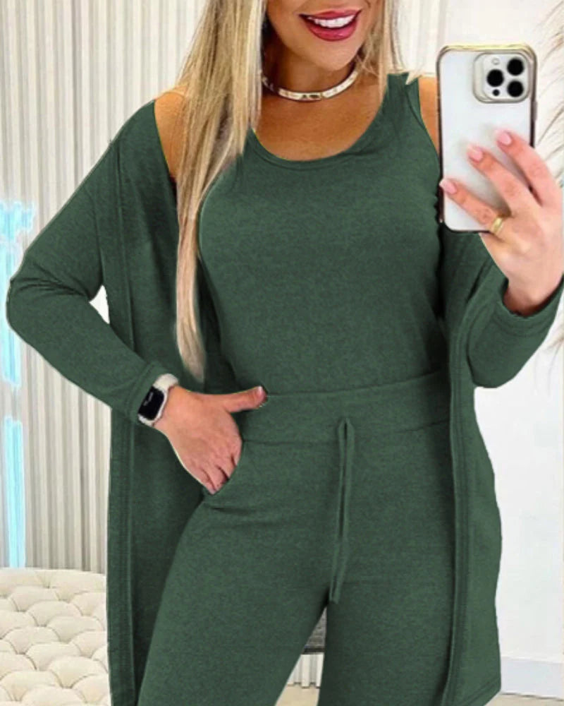 Women’S 3 Piece Lounge Set – Sleeveless Top, Open Front Cardigan & Relaxed Fit Pants