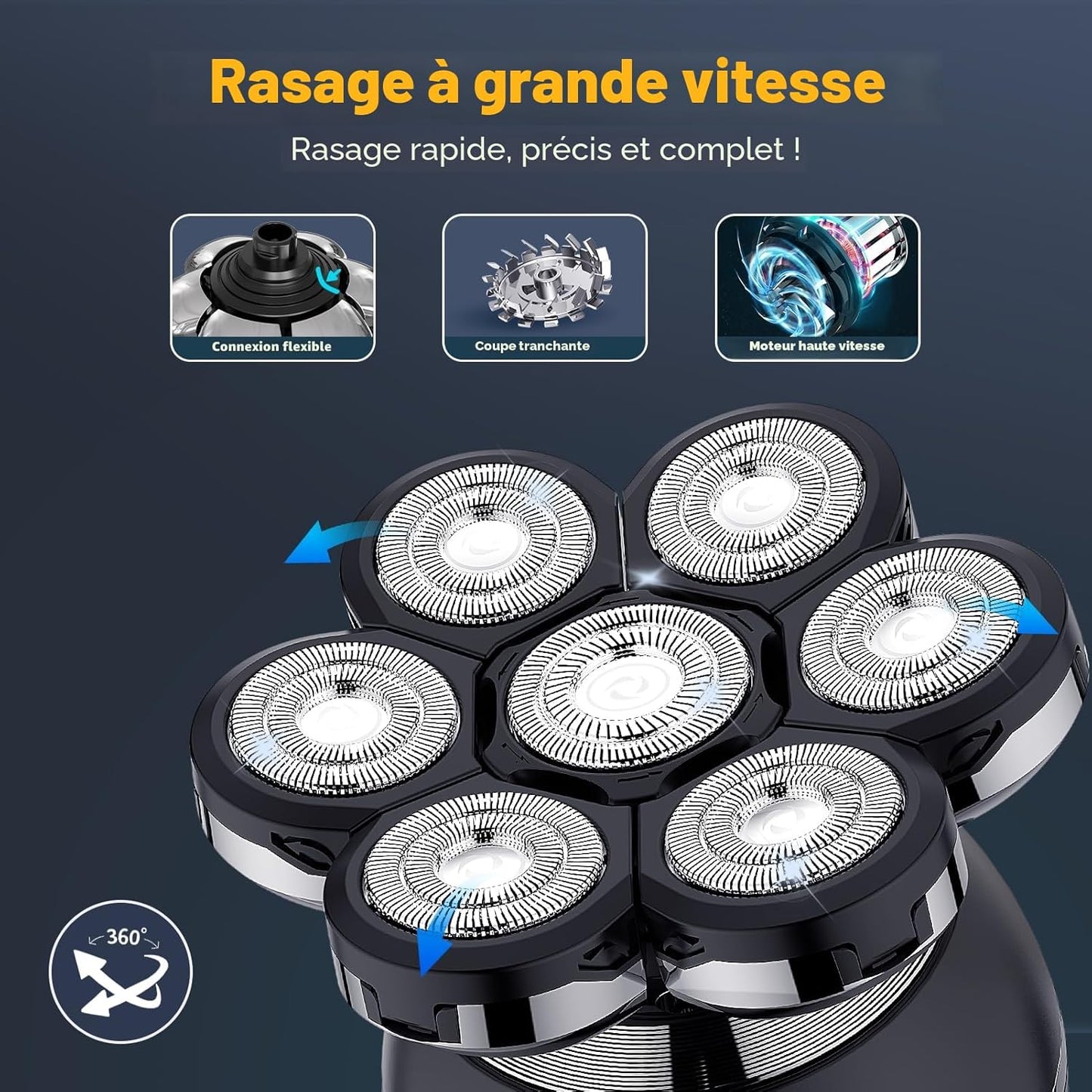 Rasoir Tete Chauve Homme, 7D Rasoir Électrique Homme- 6 En 1 Tondeuse Crane Chauve- Humide/Sec Étanche IPX7 Pour Hommes Chauves Avec Écran LED.