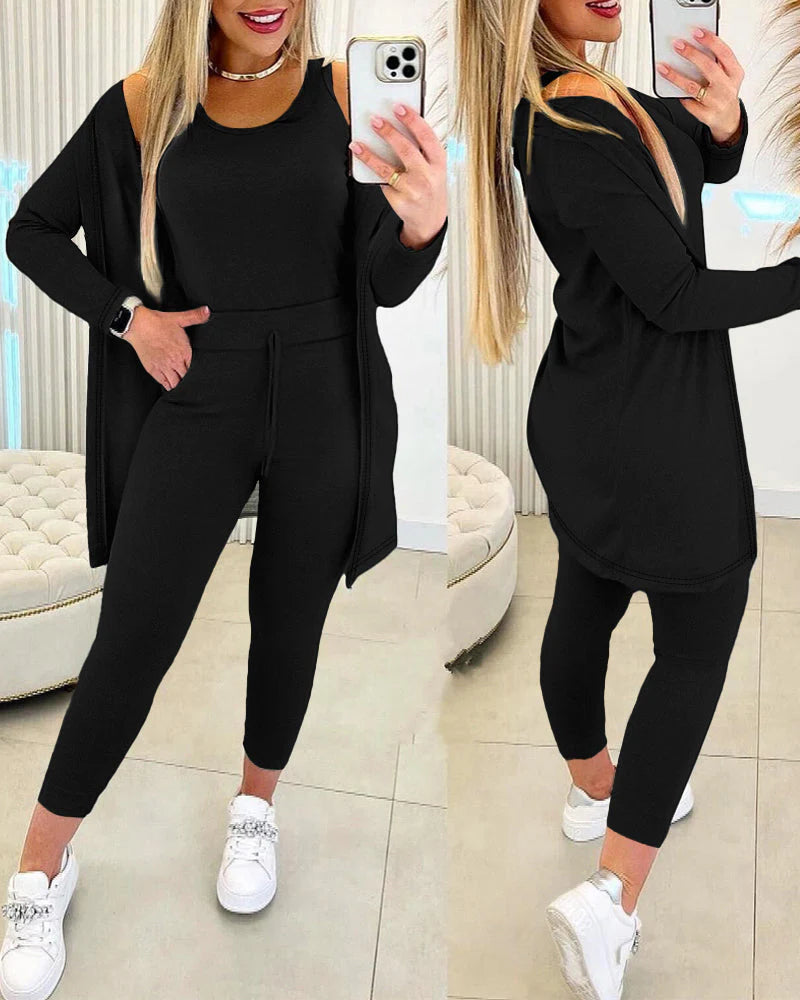 Women’S 3 Piece Lounge Set – Sleeveless Top, Open Front Cardigan & Relaxed Fit Pants