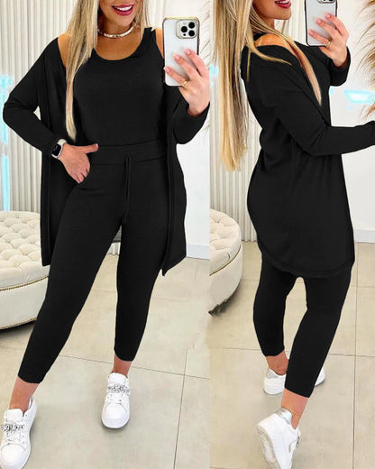 Women’S 3 Piece Lounge Set – Sleeveless Top, Open Front Cardigan & Relaxed Fit Pants