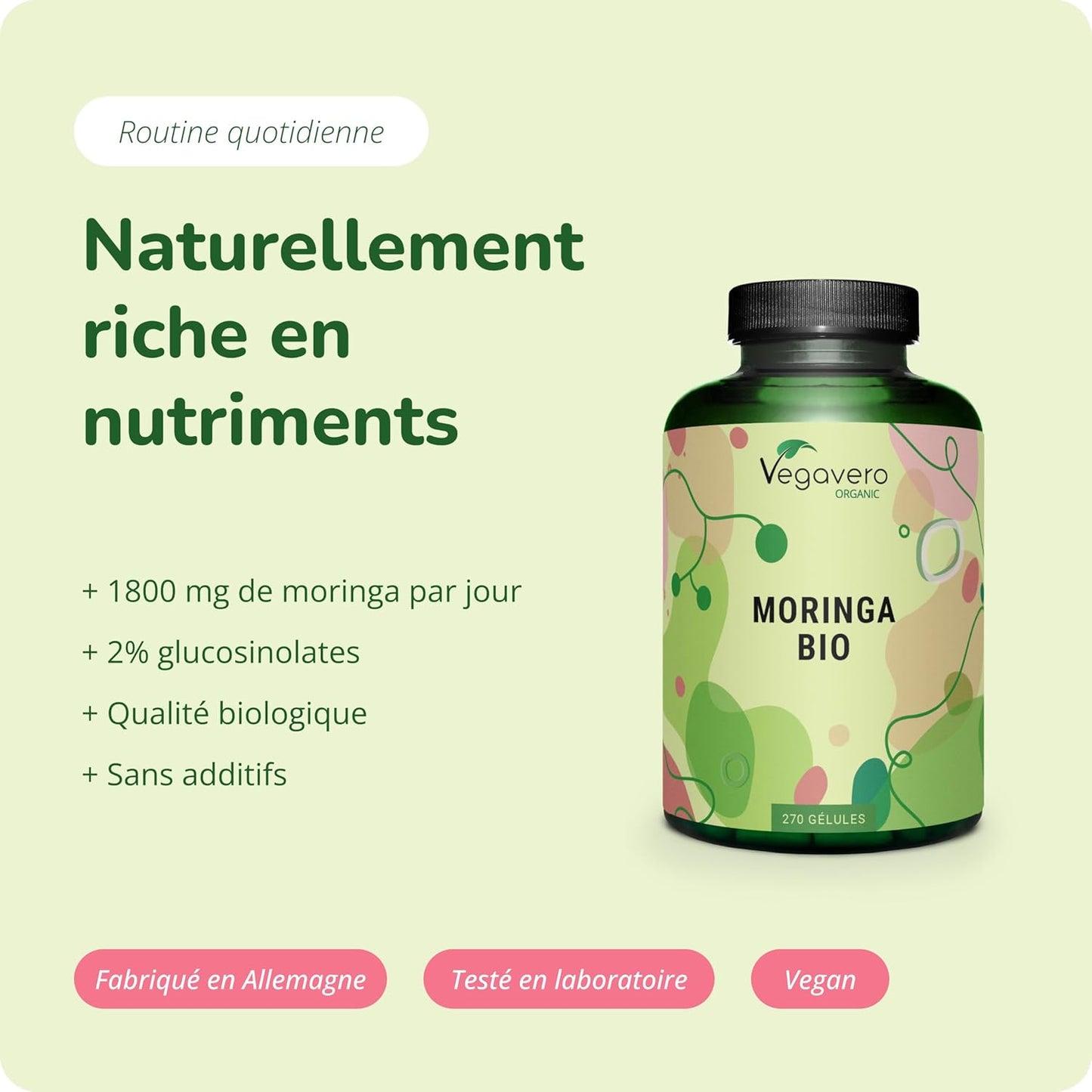 Moringa BIO 1800 Mg | 270 Gélules Vegan | SUPERFOOD : Multivitamines Et Minéraux Naturels | Antioxydant + Energie | SANS ADDITIFS | ®
