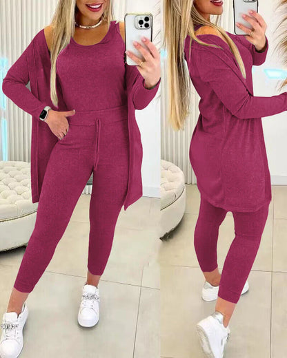 Women’S 3 Piece Lounge Set – Sleeveless Top, Open Front Cardigan & Relaxed Fit Pants