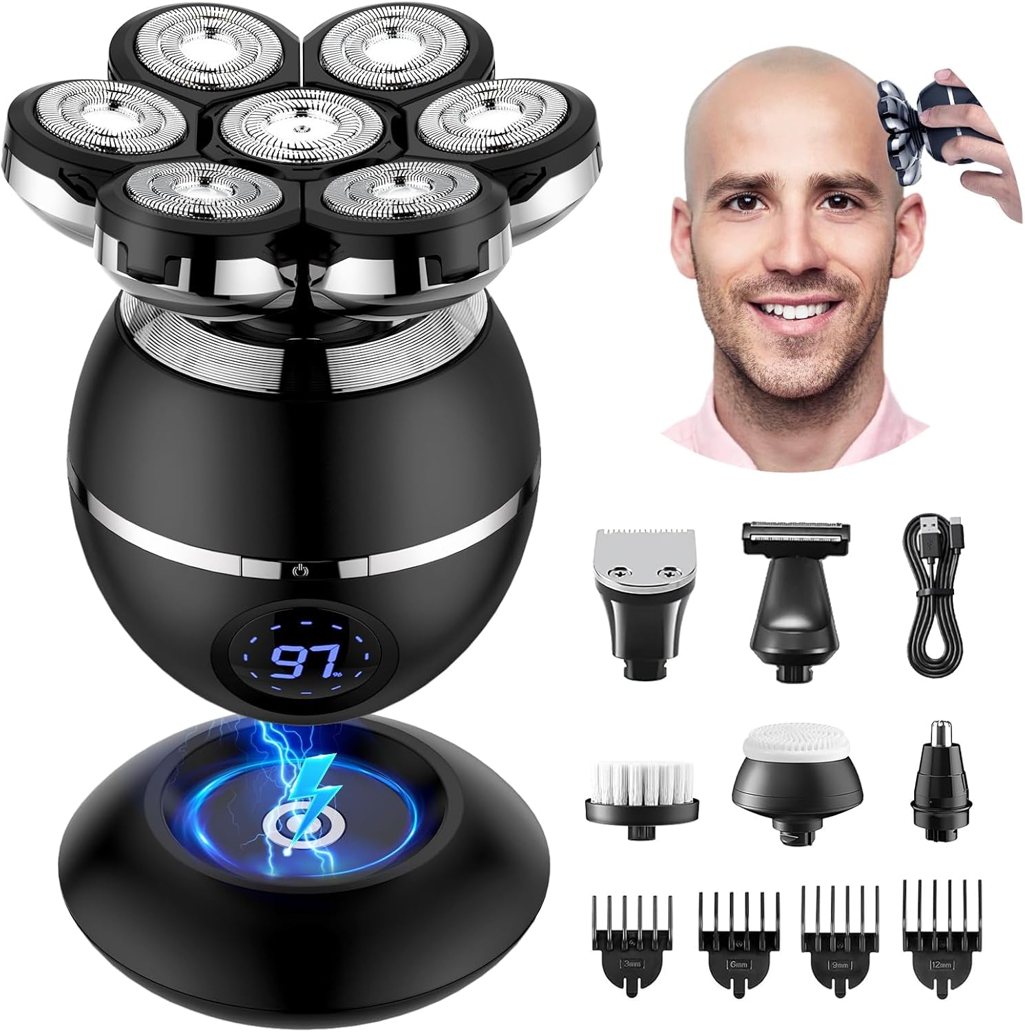 Rasoir Tete Chauve Homme, 7D Rasoir Électrique Homme- 6 En 1 Tondeuse Crane Chauve- Humide/Sec Étanche IPX7 Pour Hommes Chauves Avec Écran LED.