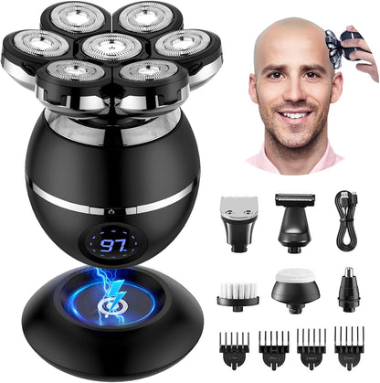 Rasoir Tete Chauve Homme, 7D Rasoir Électrique Homme- 6 En 1 Tondeuse Crane Chauve- Humide/Sec Étanche IPX7 Pour Hommes Chauves Avec Écran LED.