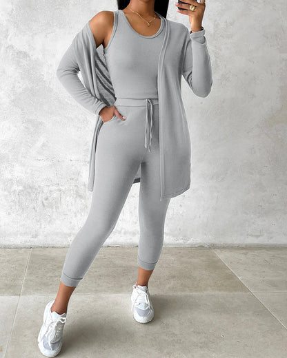 Women’S 3 Piece Lounge Set – Sleeveless Top, Open Front Cardigan & Relaxed Fit Pants