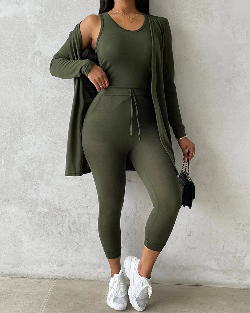 Women’S 3 Piece Lounge Set – Sleeveless Top, Open Front Cardigan & Relaxed Fit Pants