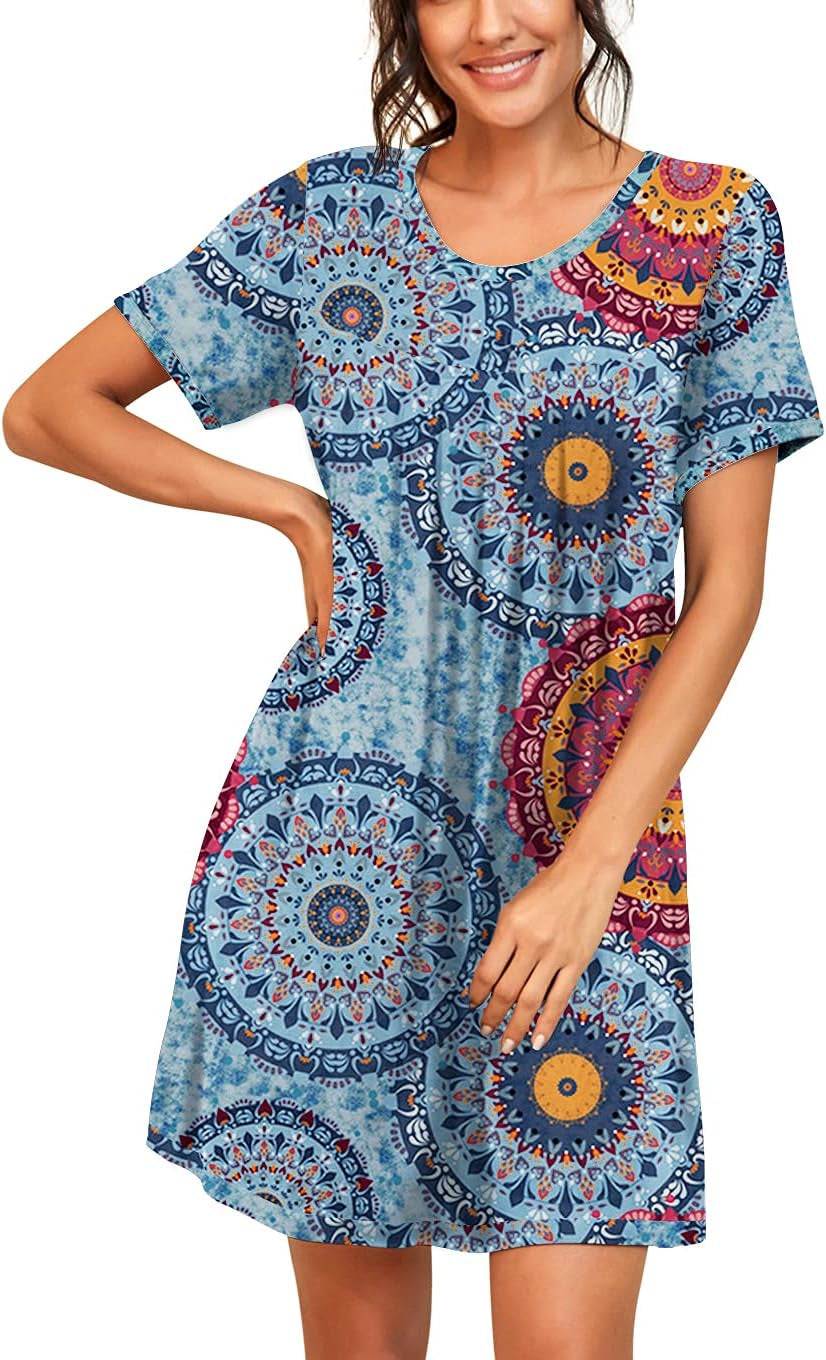Nightgowns for Women Short Sleeve Night Gowns Pleated Sleep Shirt Ladies Nightshirt Soft Sleepwear