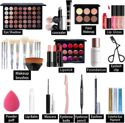 Kit De Maquillage Complet Coffret Ensemble-Cadeau De Maquillage Xmas Makeup Gift Set Avec Ombres Paupière, Rouge À Lèvre, Pinceaux, Bâton Contour, Correcteur, Mascara, Fard À Joues, Poudre