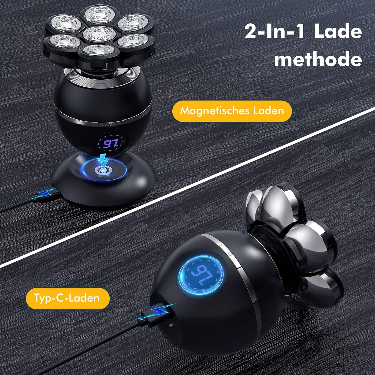 Rasoir Tete Chauve Homme, 7D Rasoir Électrique Homme- 6 En 1 Tondeuse Crane Chauve- Humide/Sec Étanche IPX7 Pour Hommes Chauves Avec Écran LED.