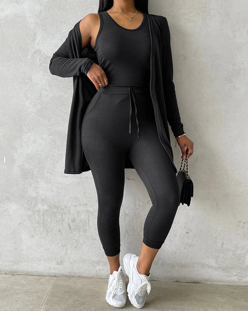 Women’S 3 Piece Lounge Set – Sleeveless Top, Open Front Cardigan & Relaxed Fit Pants