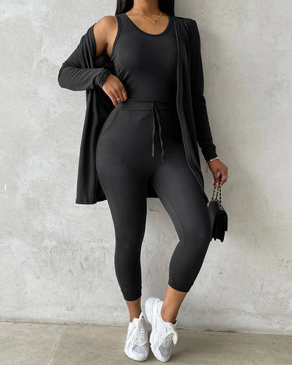Women’S 3 Piece Lounge Set – Sleeveless Top, Open Front Cardigan & Relaxed Fit Pants