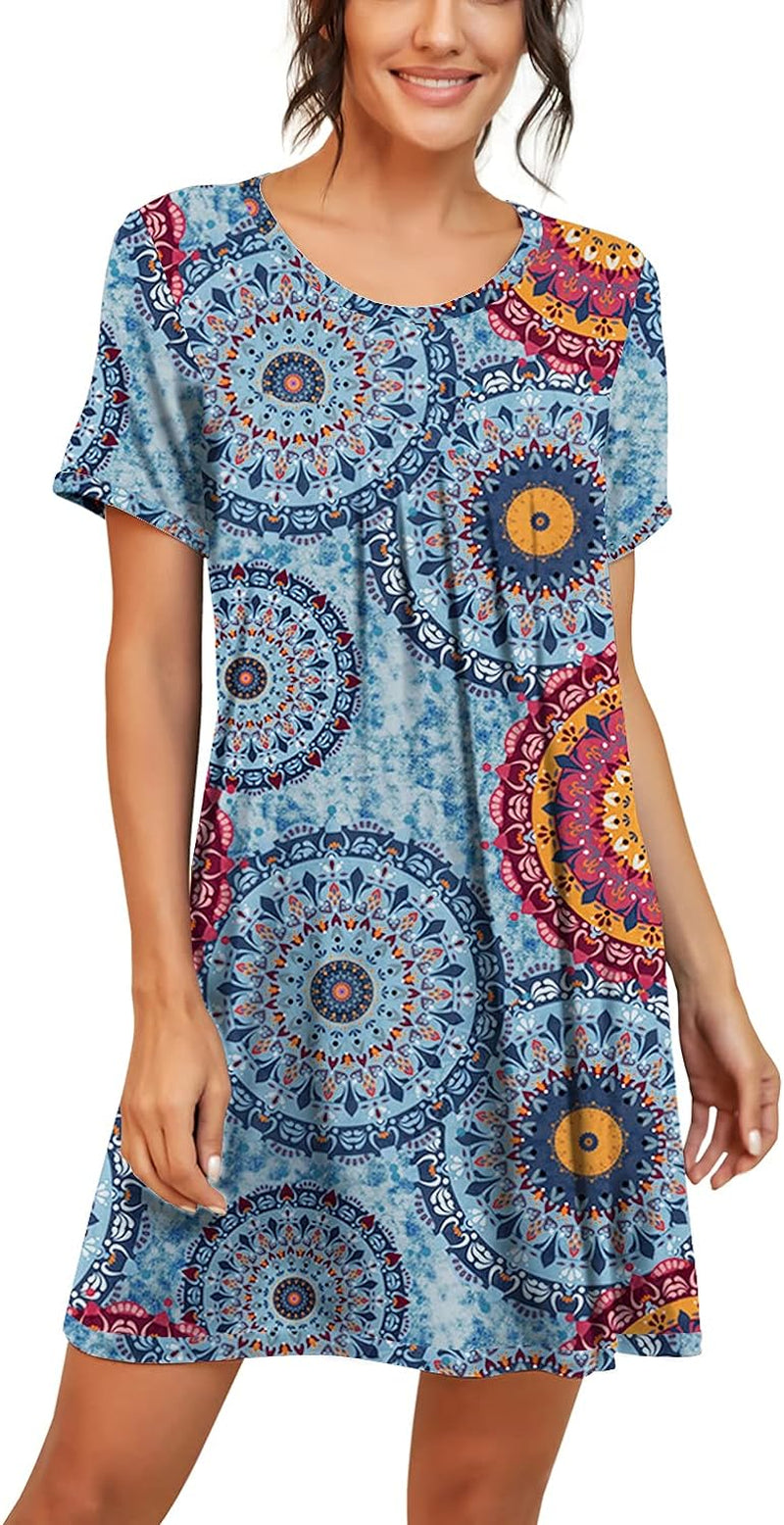 Nightgowns for Women Short Sleeve Night Gowns Pleated Sleep Shirt Ladies Nightshirt Soft Sleepwear